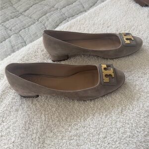 Tory Burch Taupe Suede Flats with Gold Logo
